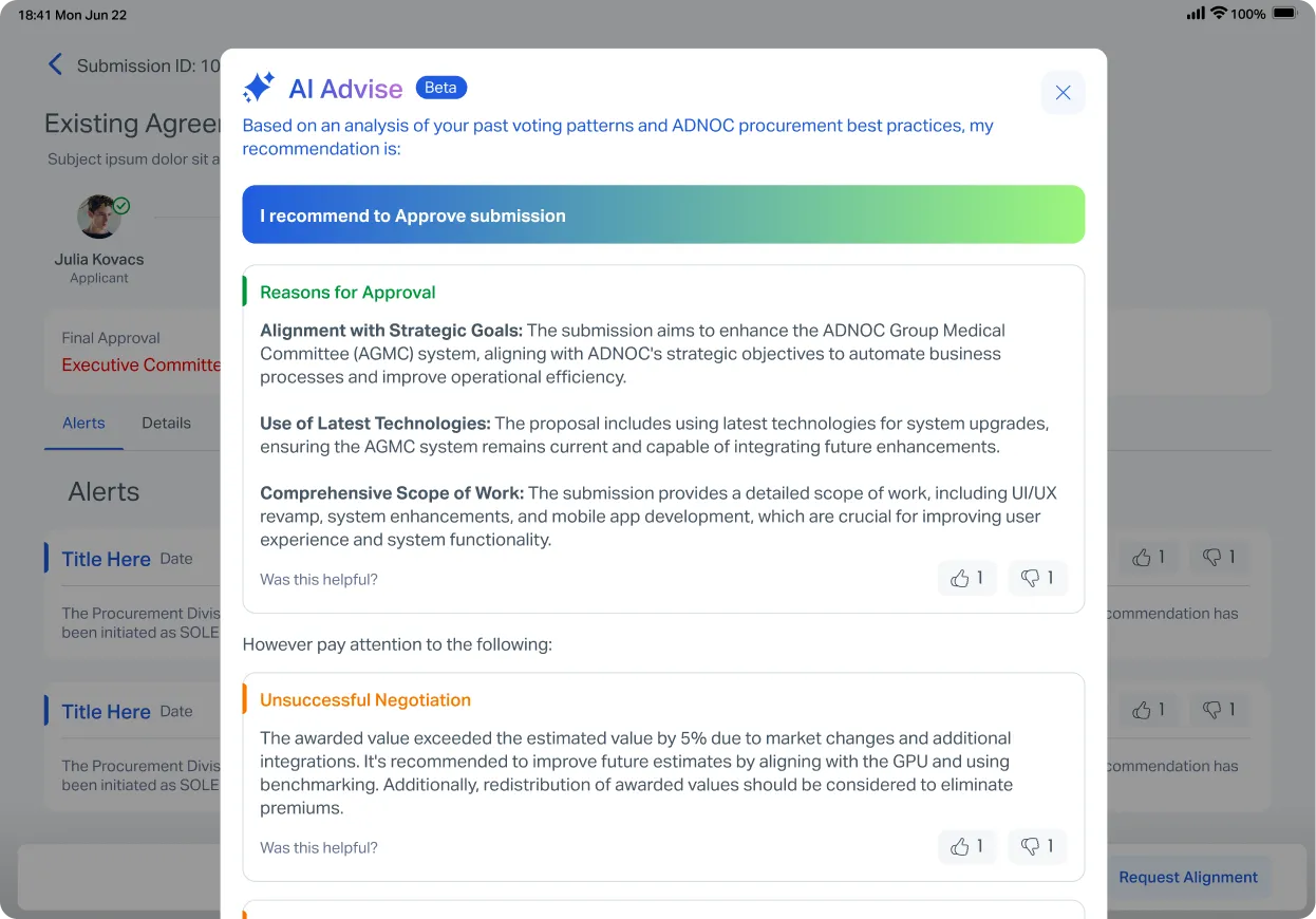 The Focus AI Advise panel over a submission: a stated recommendation, the reasons supporting it, and the exceptions flagged for attention, each carrying a was-this-helpful control.