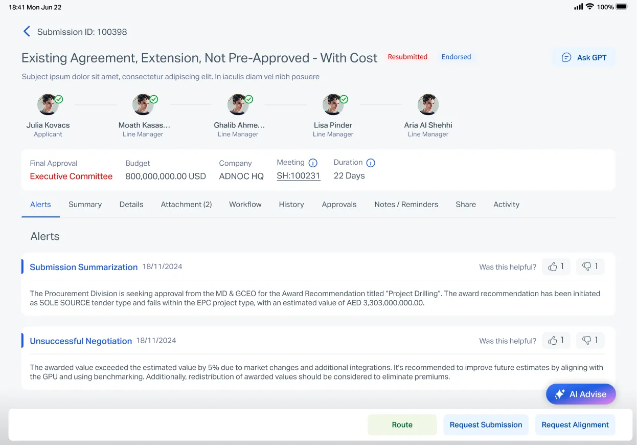 A Focus submission showing its approval chain, budget, company and meeting reference, with an alerts tab carrying a submission summary and a flagged negotiation exception.