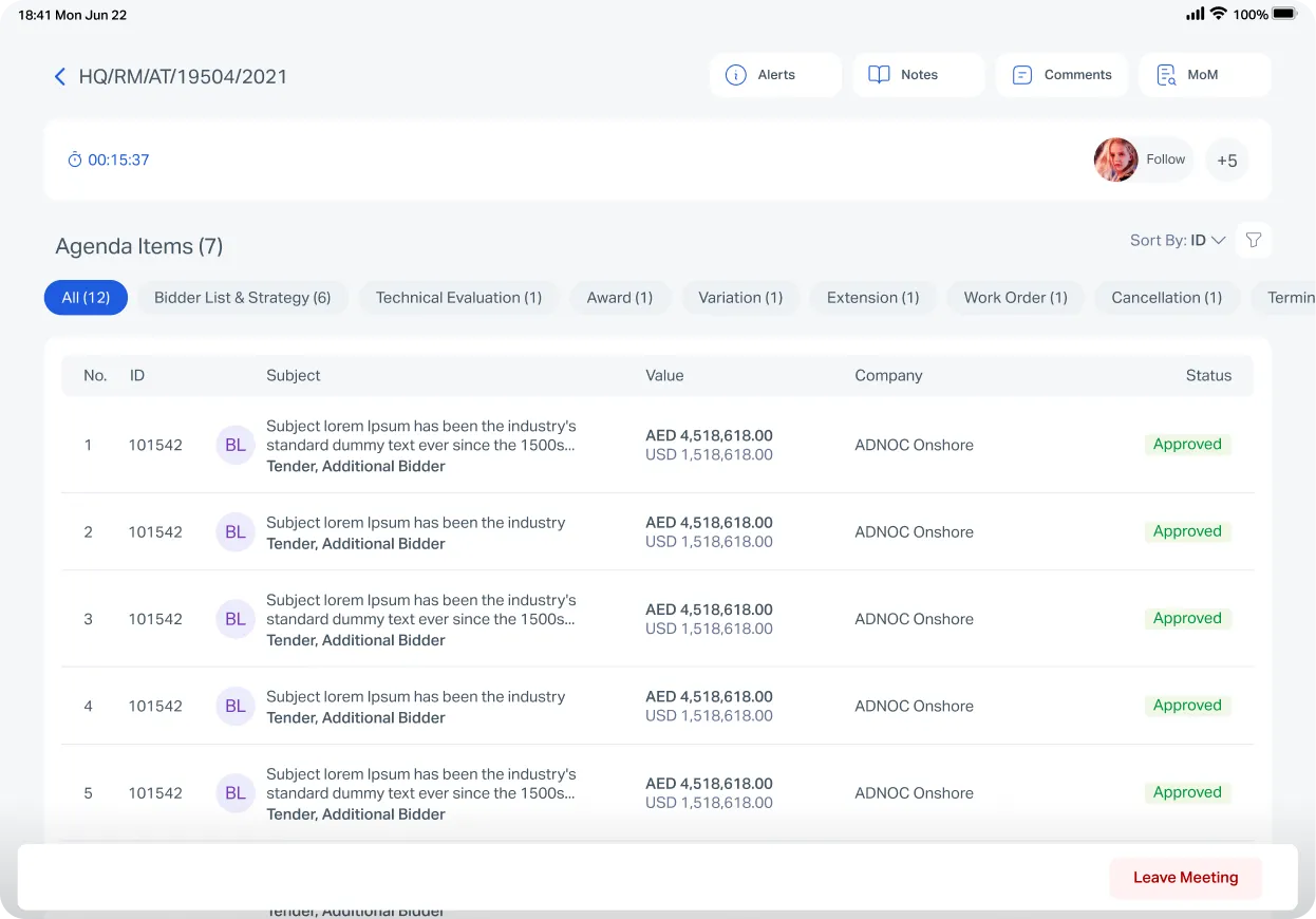 A Focus committee meeting in session: a running timer, the attendees, and the agenda items filtered by type with a decision recorded against each one.