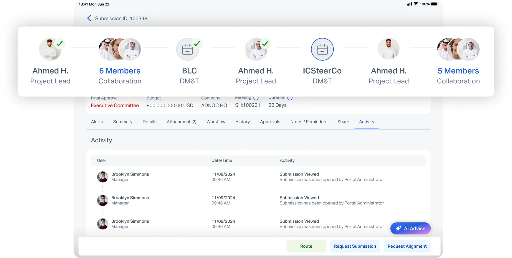 A Focus approval chain showing individuals, collaboration groups and committees in sequence, above an activity log recording who opened the submission and when.